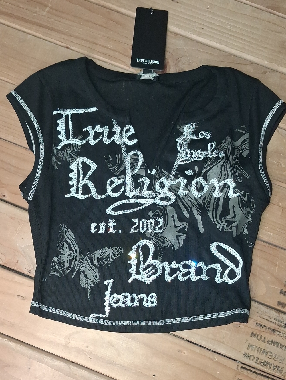 True Religion Black Graphic Logo Crop Tee